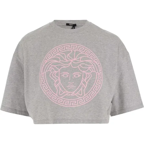 Graues Baumwoll Crop T-Shirt mit Logo-Detail - Versace - Modalova