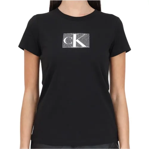 Schwarzes T-Shirt mit Pailletten , Damen, Größe: XS - Calvin Klein Jeans - Modalova