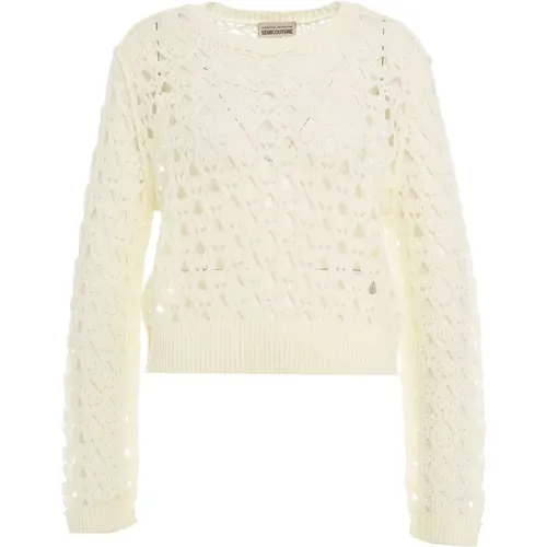 White Crochet Sweater Aw24 , female, Sizes: S, L - Semicouture - Modalova