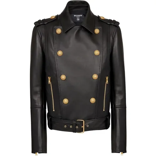 Double-breasted buttoned leather biker jacket - Balmain - Modalova