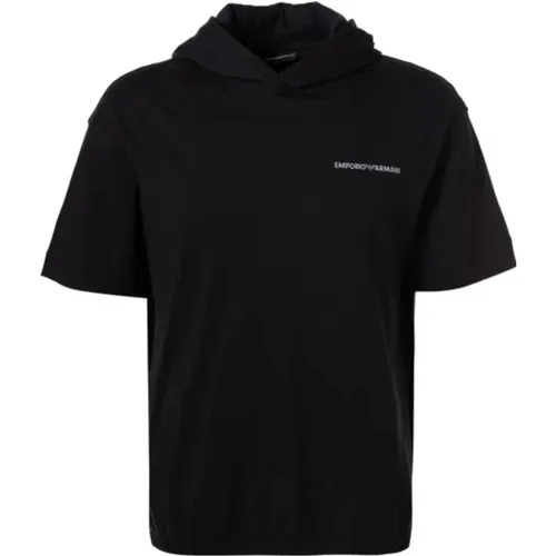 Navyblaues Kapuzen-T-Shirt aus Baumwolle mit Logo-Patch , Herren, Größe: M - Emporio Armani - Modalova