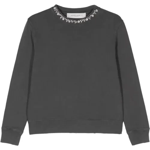 Grauer Pullover mit Kristallverzierung , Damen, Größe: M - Golden Goose - Modalova