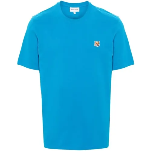 Blaues T-Shirt mit Fuchskopf-Patch , Herren, Größe: M - Maison Kitsuné - Modalova