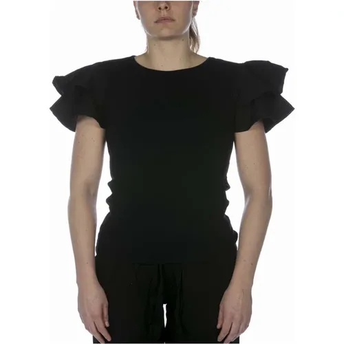 Geripptes -T-Shirt Mit Schwarzen Rüschen , Damen, Größe: M - Deha - Modalova