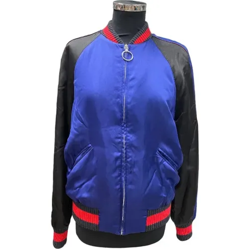 Blaue Satin Bomberjacke mit Schwarzen Ärmeln und Webbandeinsätzen - Größe 40 - Gucci Vintage - Modalova