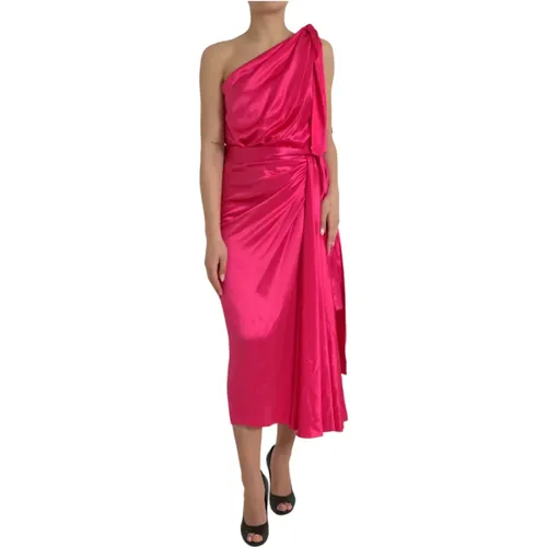 Fuchsia Seiden One-Shoulder Wrap Kleid - Dolce & Gabbana - Modalova