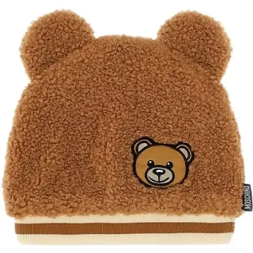 Weiche Teddybärenmütze mit elastischem Rand und goldenem Logo-Patch - Moschino - Modalova