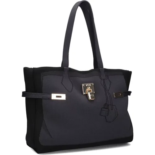 Schwarze Textil-Shopper-Tasche mit besticktem Druck, Textil Shopper mit besticktem Druck - V73 - Modalova