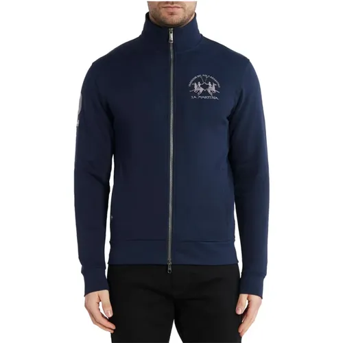 Blauer Baumwoll-Zip-Up-Sweatshirt mit Besticktem Logo , Herren, Größe: M - LA MARTINA - Modalova