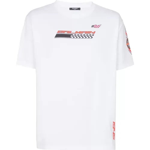T-Shirt mit Racing-Print , Herren, Größe: L - Balmain - Modalova