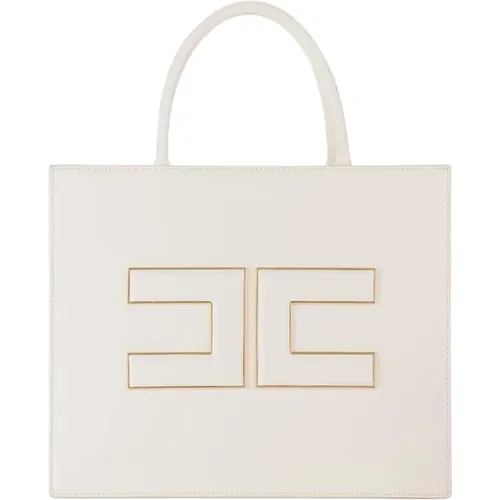 Synthetische Leder Shopper Tasche mit Goldener Metall-Logo-Platte - Elisabetta Franchi - Modalova