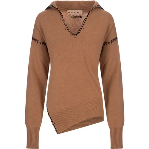 Camel Wool Hooded Sweater with Contrast Stitching , female, Sizes: S, XS, 2XS, 3XS - Marni - Modalova