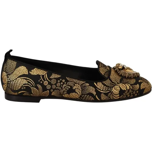 Schwarze und Goldene Loafers mit Herzverzierung , Damen, Größe: 35 EU - Dolce & Gabbana - Modalova