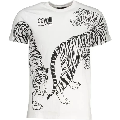 Herren T-Shirt Weiß Kurzarm Logo Print , Herren, Größe: XL - Cavalli Class - Modalova