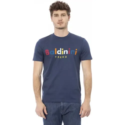 Trendiges Blaues Baumwoll-T-Shirt, Kurzarm mit Frontdruck , Herren, Größe: L - Baldinini - Modalova