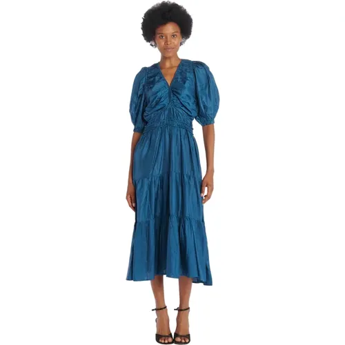 Blaues Seidenkleid mit Puffärmeln , Damen, Größe: M - Sea NY - Modalova