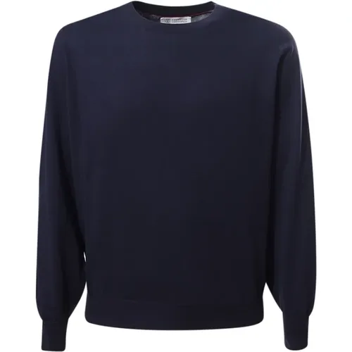 Blauer Crew-Neck Sweater mit gerippten Bündchen und Rüsche,Runder Hals kultiviert - BRUNELLO CUCINELLI - Modalova