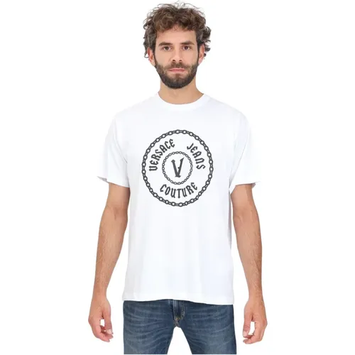 Weißes Logo V-Emblem T-Shirt , Herren, Größe: XL - Versace Jeans Couture - Modalova