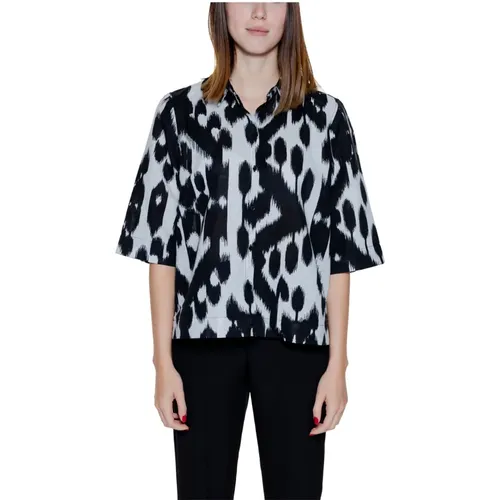 Schwarzes Leinen-Print V-Ausschnitt Shirt , Damen, Größe: L - Street One - Modalova