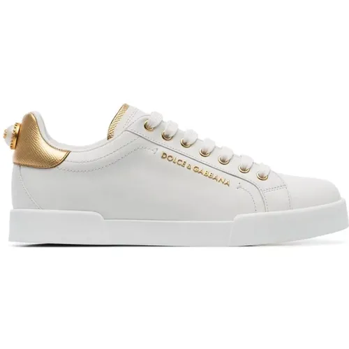 Weiße Sneakers mit Faux-Perlenverzierung,Weiß Gold Leder Sneakers - Dolce & Gabbana - Modalova