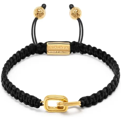 Men's Black String Bracelet with Gold Interlocking Rings , Herren, Größe: S - Nialaya - Modalova