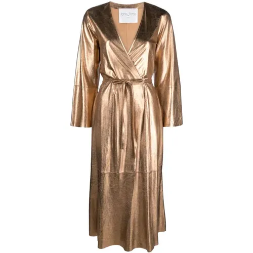 Bronzefarbenes Leder V-Ausschnitt Kleid - Forte Forte - Modalova