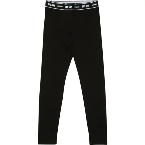 Schwarze elastische Leggings mit weißem Logo-Bund - Msgm - Modalova