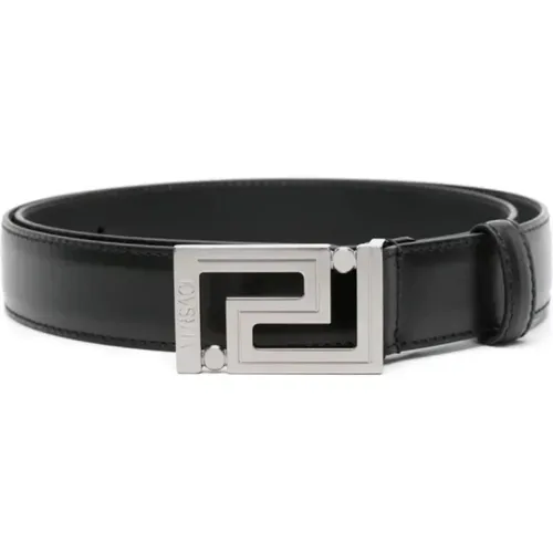 Greca Leather Belt in Silver , male, Sizes: 90 CM - Versace - Modalova