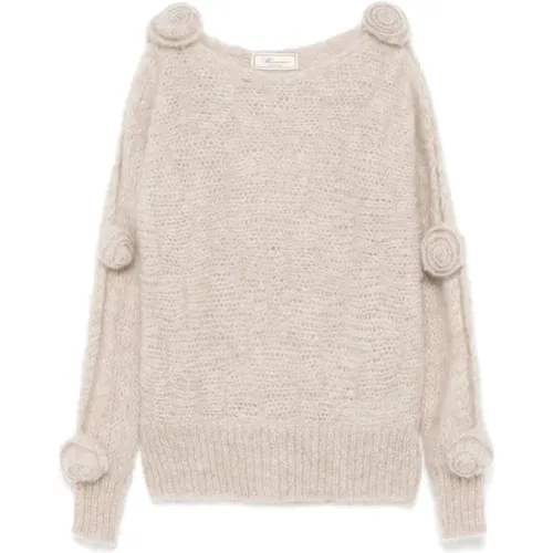 Beiger Mohair Pullover mit 3D-Rosen , Damen, Größe: M - Blumarine - Modalova