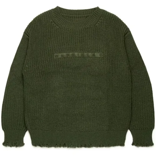 Grüner Wollpullover Gerippt Bestickt Logo - Maison Margiela - Modalova