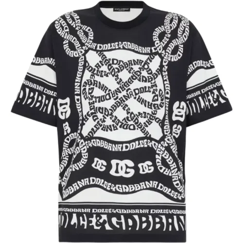 Printed Marina Black Cotton T-Shirt , male, Sizes: XL - Dolce & Gabbana - Modalova
