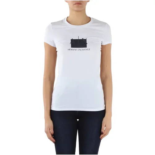 Slim Fit Cotton Stretch T-Shirt with Logo Print , female, Sizes: M - Armani Exchange - Modalova