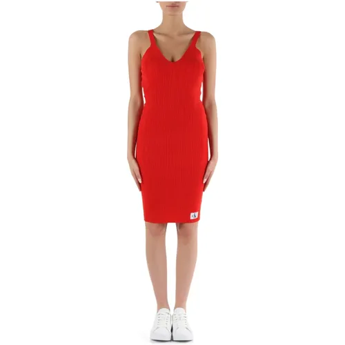 Ribbed Lyocell V-Neck Dress , female, Sizes: S, XS, M, L - Calvin Klein Jeans - Modalova