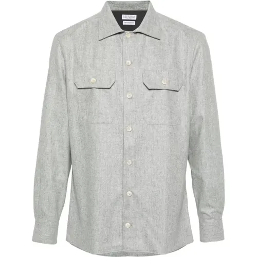 Grey Wool Shirt Mélange Effect , male, Sizes: L, M, XL - BRUNELLO CUCINELLI - Modalova