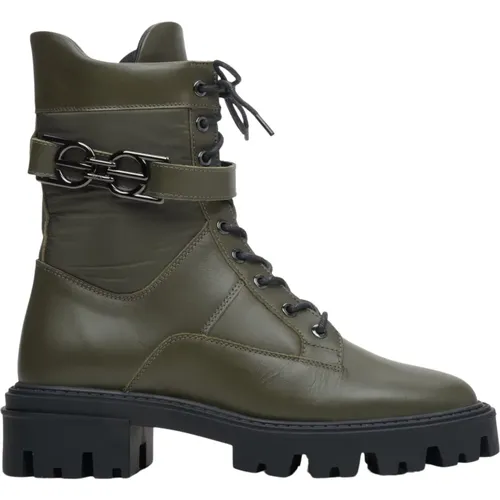 Damen Khaki Echte Leder Stiefeletten mit Silber Ornament Er00113553 , Damen, Größe: 38 EU - Estro - Modalova