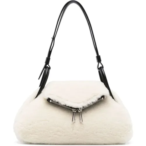 Ivory Shearling Handbag with Silver Hardware and Adjustable Strap , female, Sizes: ONE SIZE - Amina Muaddi - Modalova