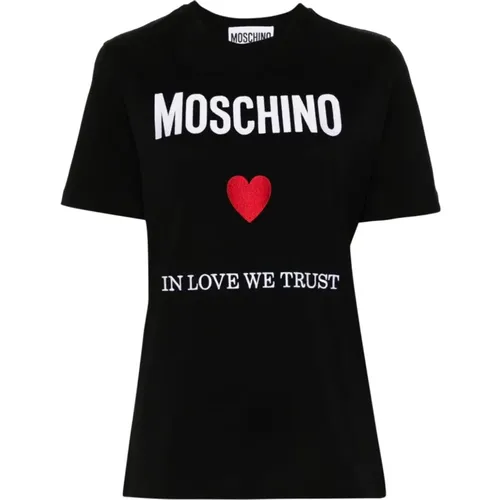 Schwarze Crewneck T-Shirts mit Logo-Stickerei , Damen, Größe: S - Moschino - Modalova