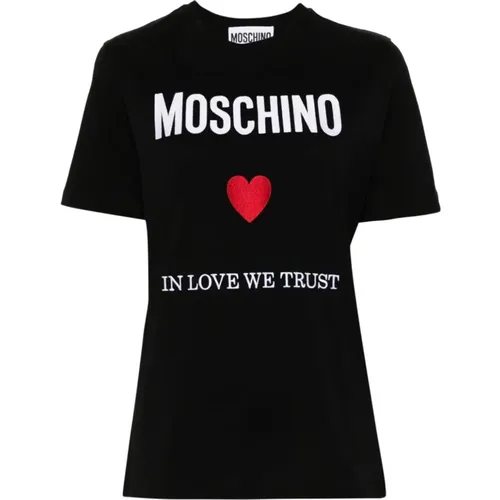 Schwarze Crewneck T-Shirts mit Logo-Stickerei , Damen, Größe: 2XS - Moschino - Modalova