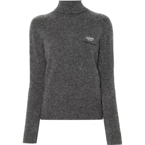 Dark Grey Knit Sweater Embroidered Logo , female, Sizes: L, M - Liu Jo - Modalova