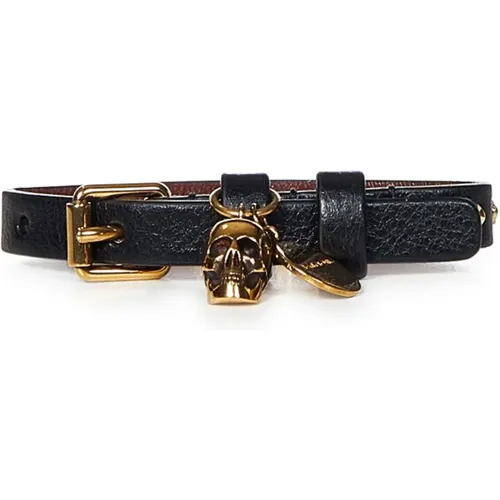 Leather Skull Bracelet with Antique Gold Logo , male, Sizes: ONE SIZE - alexander mcqueen - Modalova
