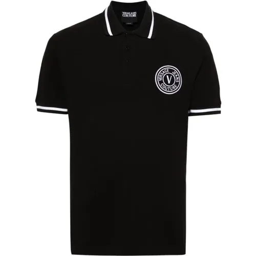 Schwarzes Polo-Shirt mit V-Emblem-Logo - Versace Jeans Couture - Modalova
