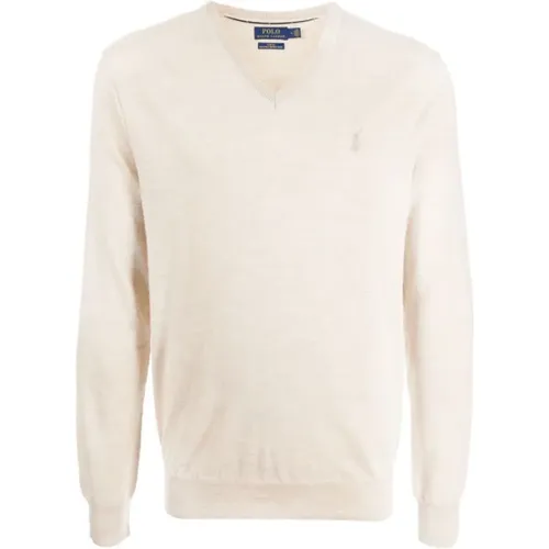 Merinowolle V-Ausschnitt Pullover Hafer Heather , Damen, Größe: XL - Polo Ralph Lauren - Modalova