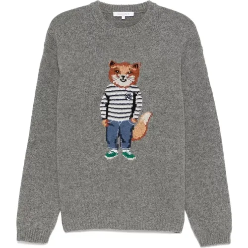 Intarsia Dressed Fox Wool Sweater Navy , male, Sizes: XL, M, L - Maison Kitsuné - Modalova