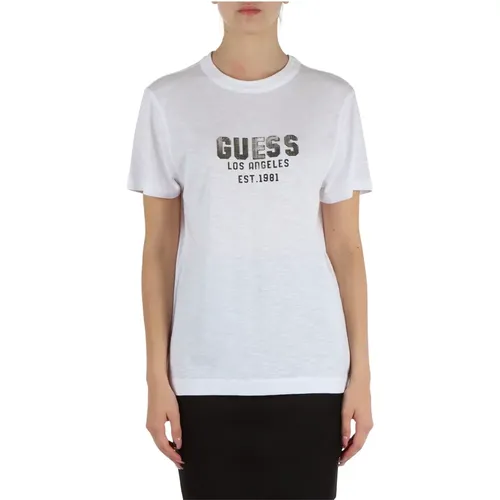 Flammenwirkung Baumwolle Modal T-shirt , Damen, Größe: L - Guess - Modalova