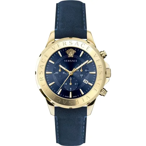 Signature Chronograph Leder Blau Uhr - Versace - Modalova