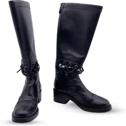 Leather Lace-Up Cutout Knee-High Boots , female, Sizes: 5 UK - Chanel Vintage - Modalova