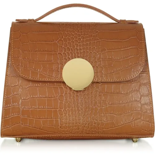 Bombo Croco Embossed Leather Top-Handle Satchel Bag w/Strap , female, Sizes: ONE SIZE - Le Parmentier - Modalova