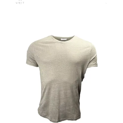 Leinen V-Ausschnitt T-Shirt Khaki Oliv , Herren, Größe: S - Kiefermann - Modalova