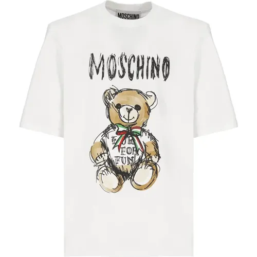 Weiße Teddybär-Logo T-Shirt - Moschino - Modalova