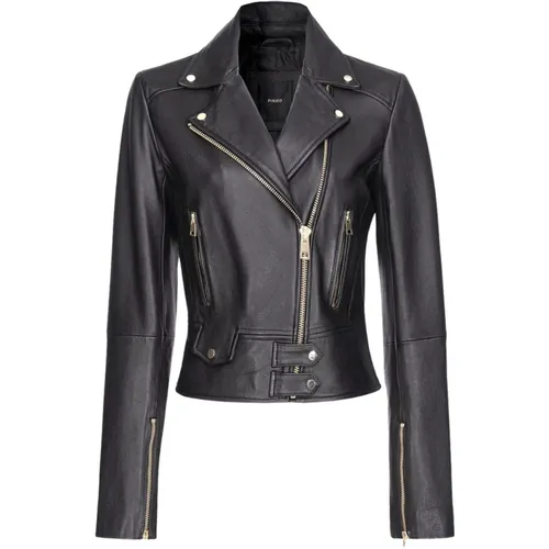 Schwarze Biker-Stil Lederjacke mit Metallknopf-Details , Damen, Größe: L - pinko - Modalova